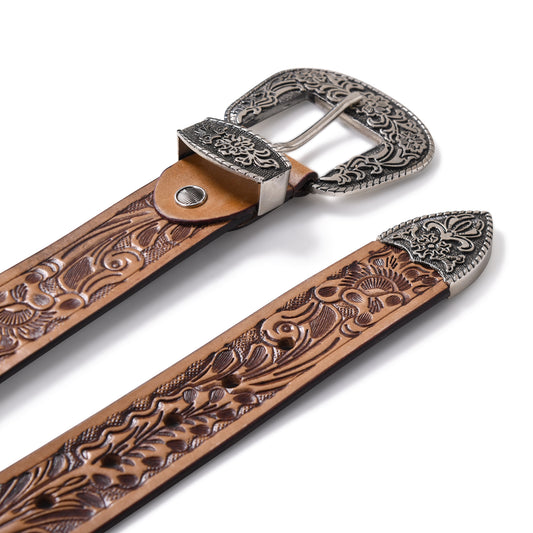 Cedarlof Western Tooled Leather Belt with Antique Silver Black Engraved Buckle - Cedarlof