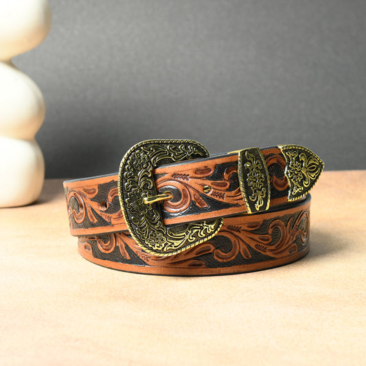 Cedarlof Western Tooled Leather Belt with Antique Gold Engraved Buckle - Cedarlof