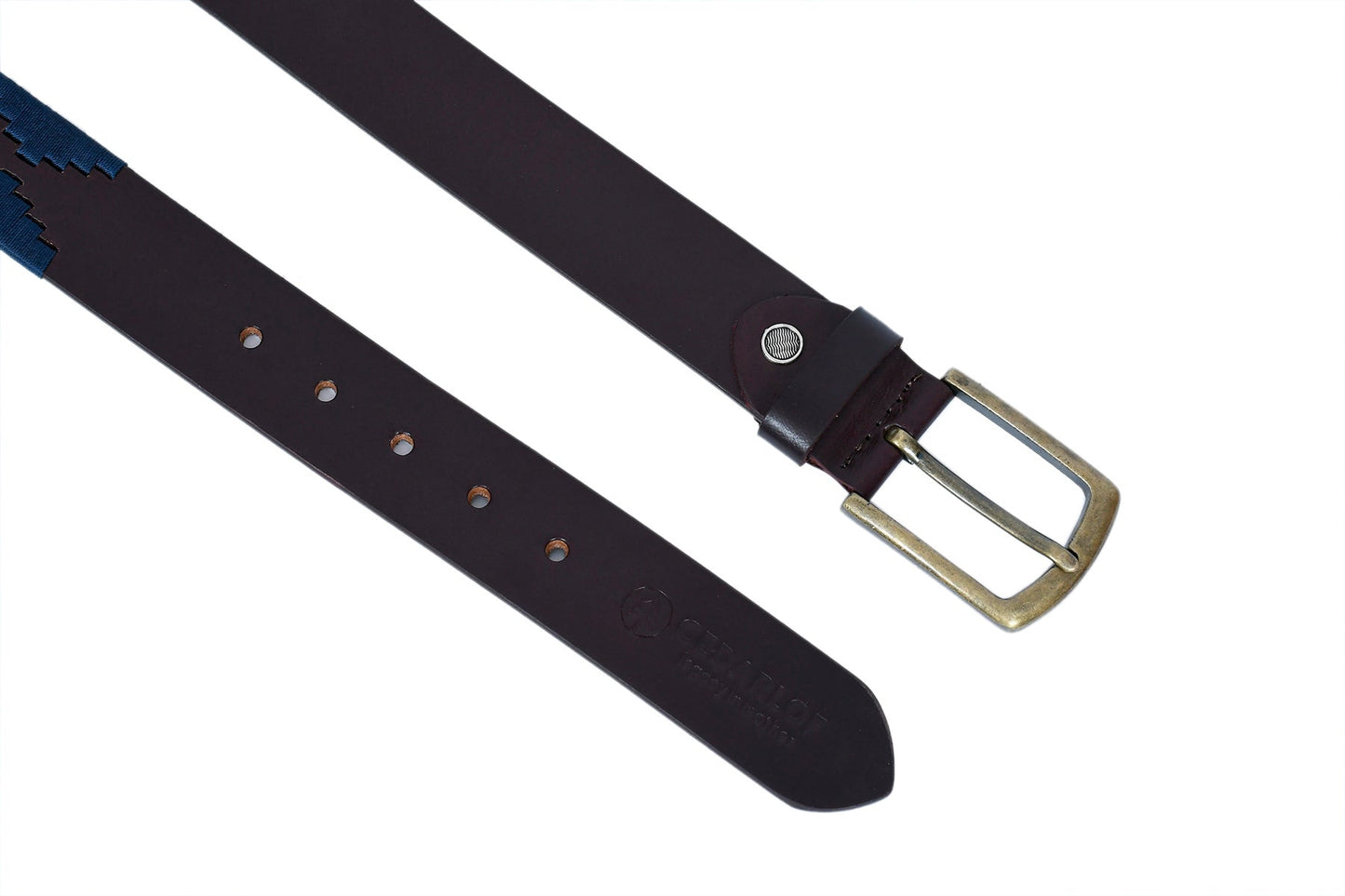 Cedarlof Polo Leather Belt for Men – Brown Genuine Leather with Blue & White Pampa Diamond Embroidery & Antique Brass Buckle - CedarlofCedarlof