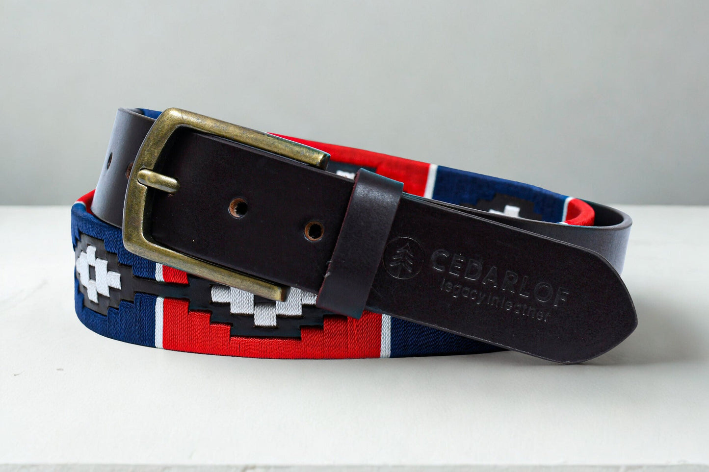 Cedarlof Polo Leather Belt for Men – Brown Genuine Leather with Red Blue White Pampa Embroidery & Antique Brass Finish Buckle - CedarlofCedarlof