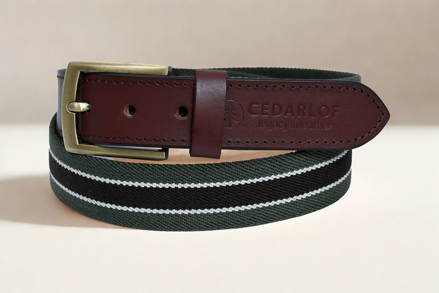 Men’s Canvas Belt with Genuine Leather Trim – Cedarlof Green & White Stripe Brass Buckle Casual Belt - CedarlofCedarlof