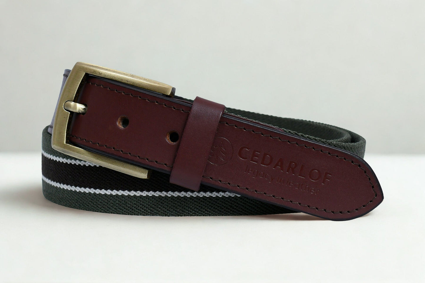 Men’s Canvas Belt with Genuine Leather Trim – Cedarlof Green & White Stripe Brass Buckle Casual Belt - CedarlofCedarlof