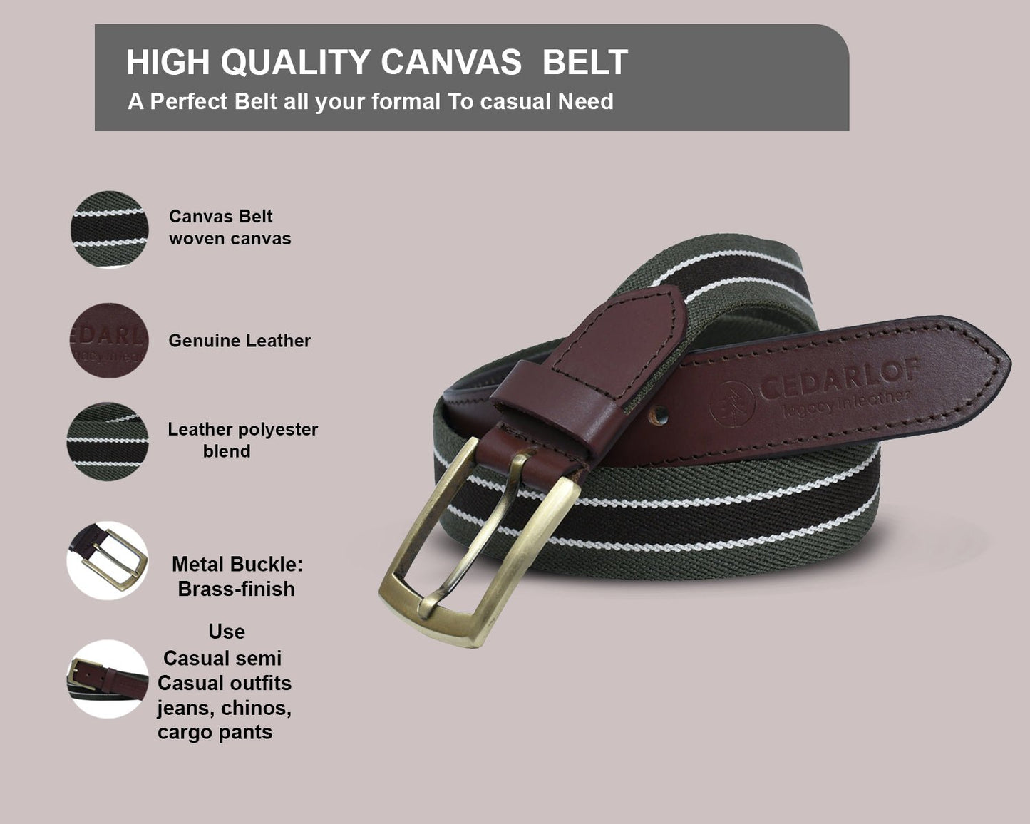 Men’s Canvas Belt with Genuine Leather Trim – Cedarlof Green & White Stripe Brass Buckle Casual Belt - CedarlofCedarlof