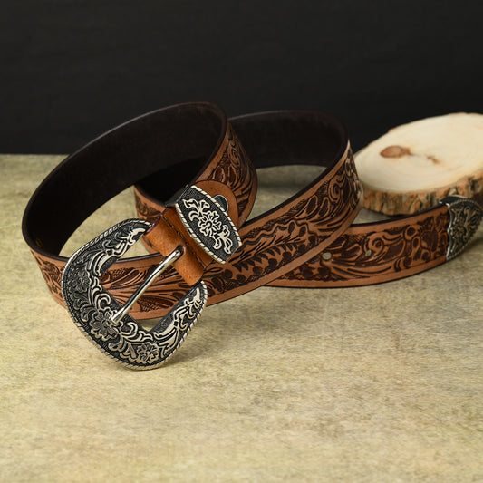 Cedarlof Western Tooled Leather Belt with Antique Silver Black Engraved Buckle - Cedarlof