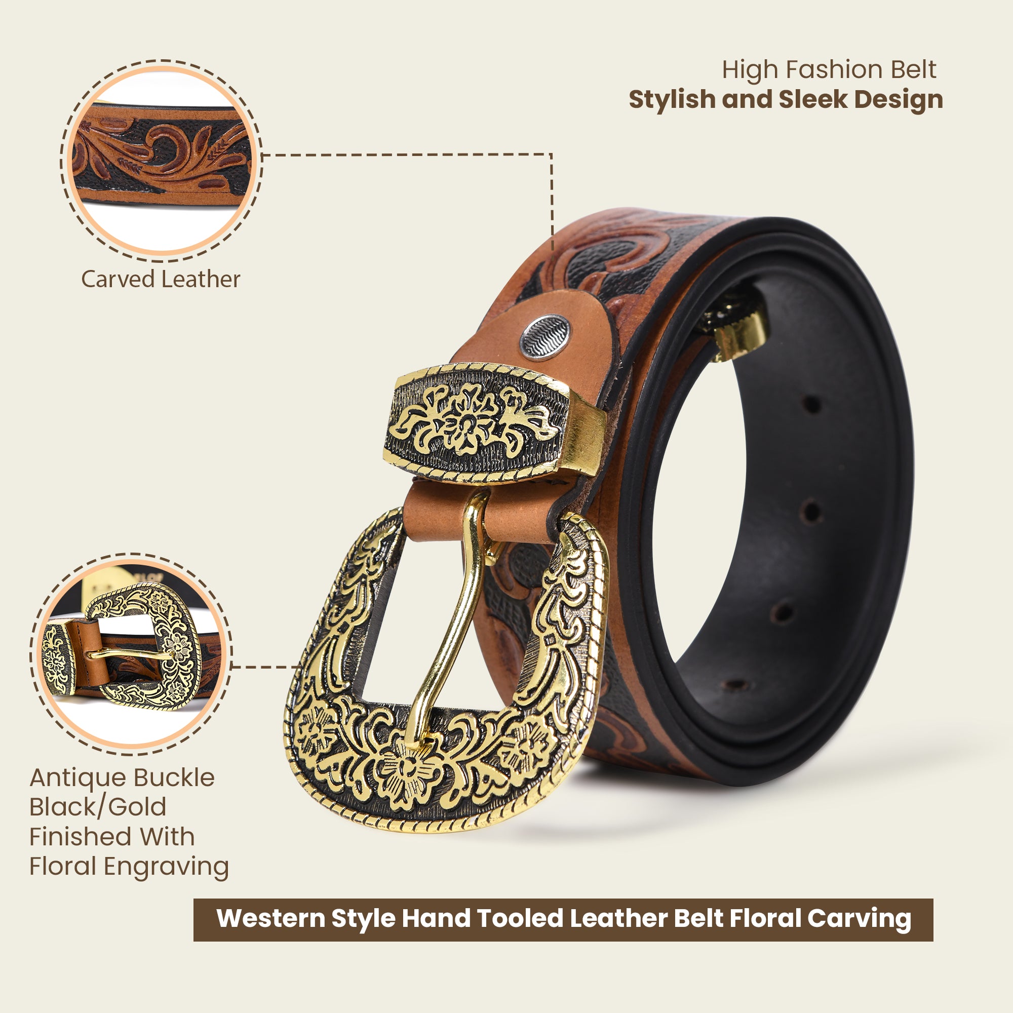 Cedarlof Western Tooled Leather Belt with  Antique Gold Engraved Buckle - Cedarlof