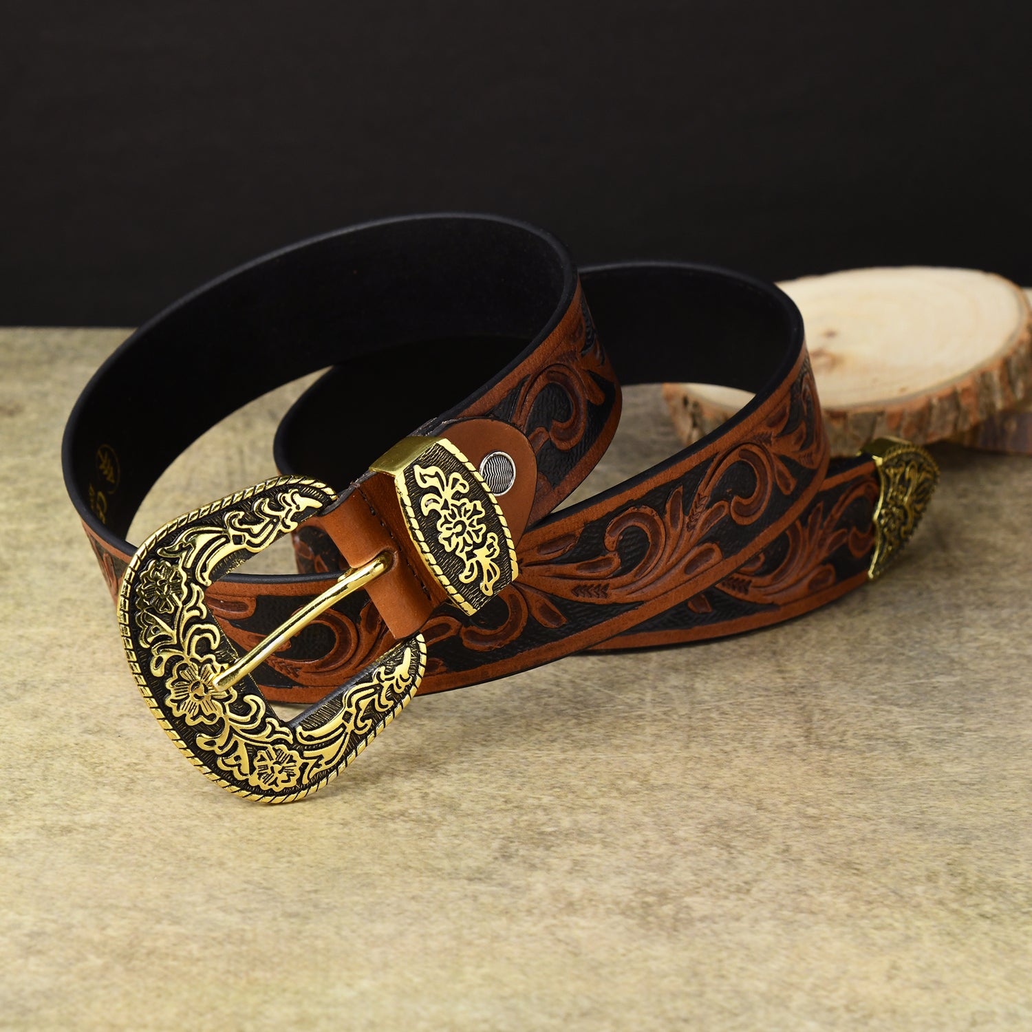 Cedarlof Western Tooled Leather Belt with  Antique Gold Engraved Buckle - Cedarlof