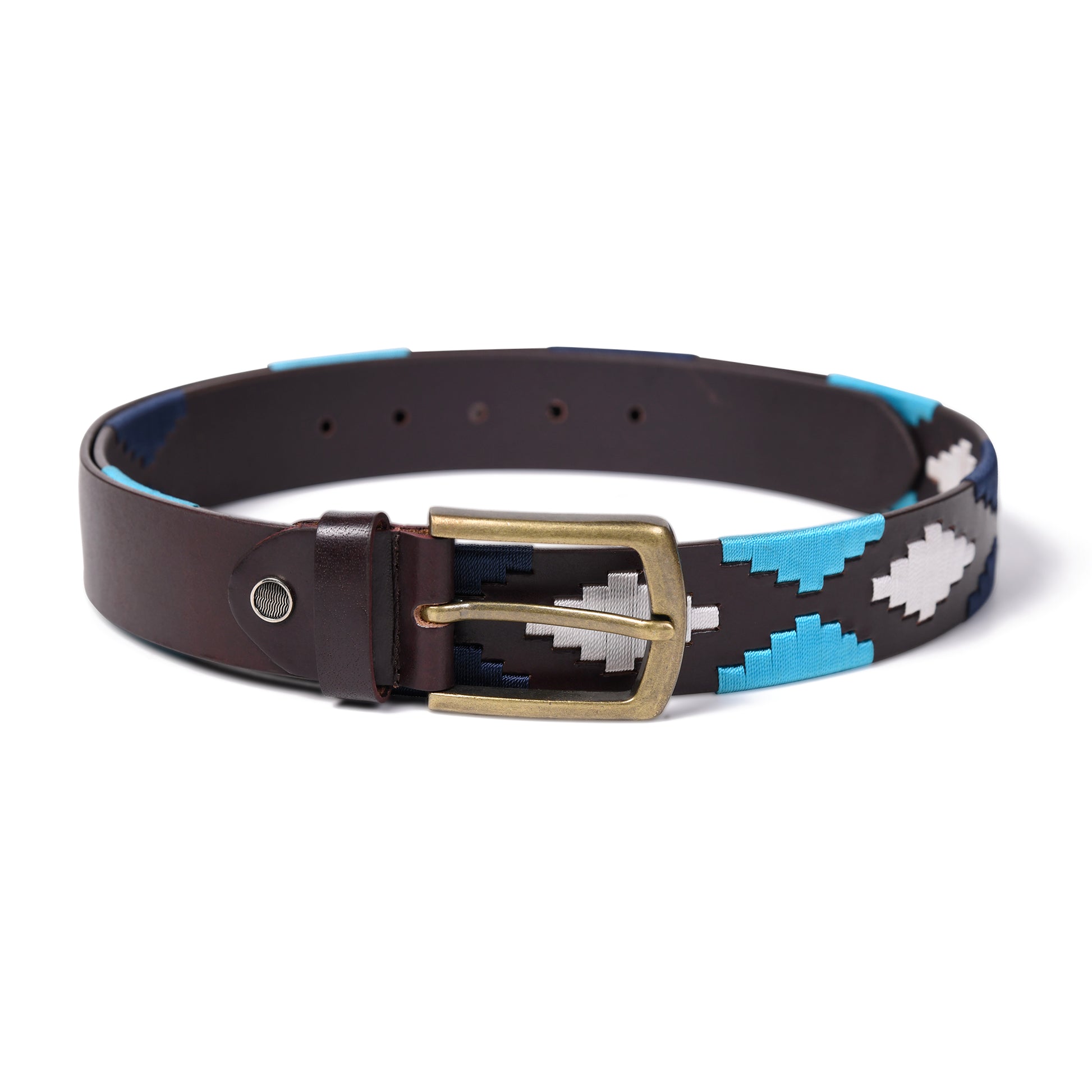 Cedarlof Polo Leather Belt with Blue & White Pampa Diamond Embroidery - Cedarlof