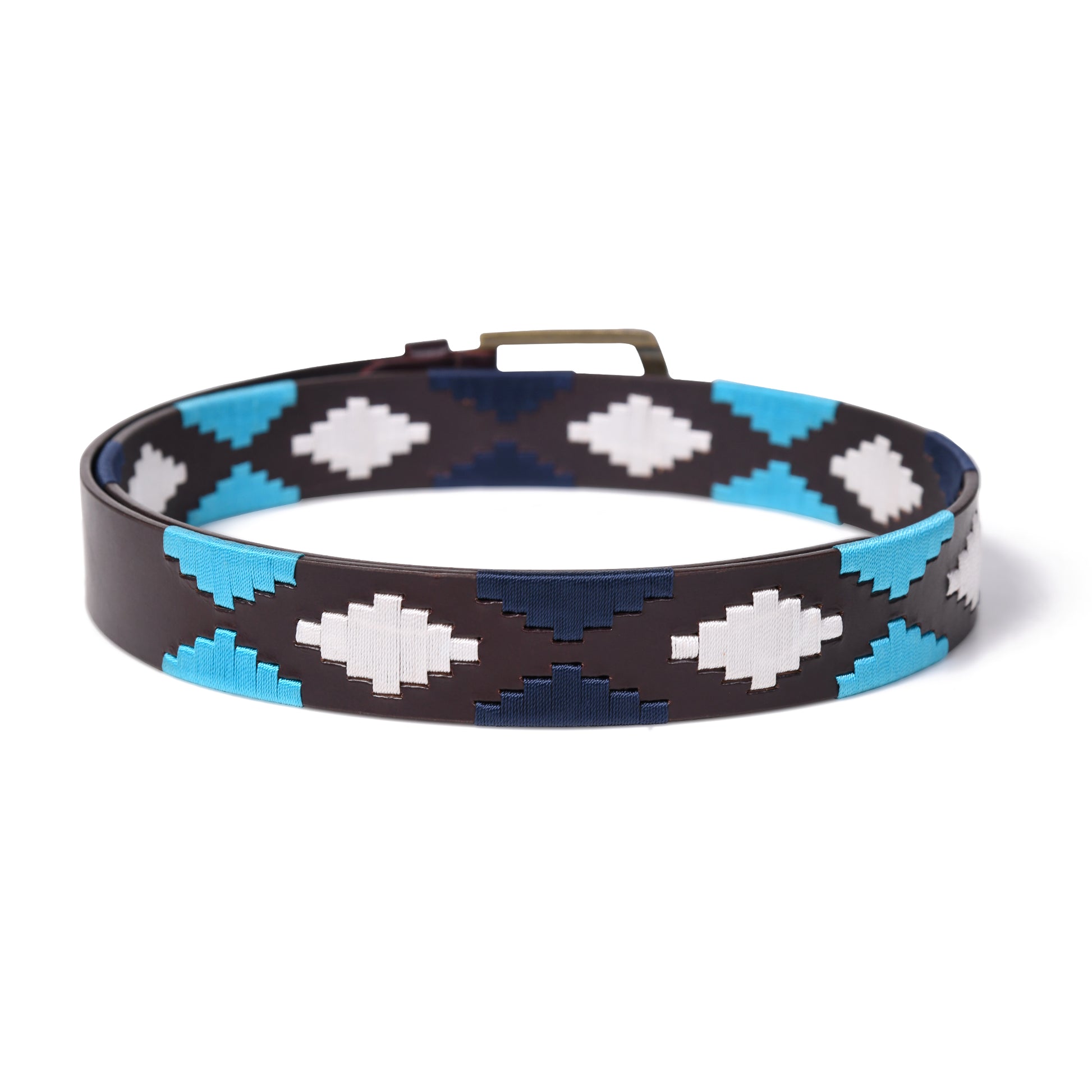 Cedarlof Polo Leather Belt with Blue & White Pampa Diamond Embroidery - Cedarlof