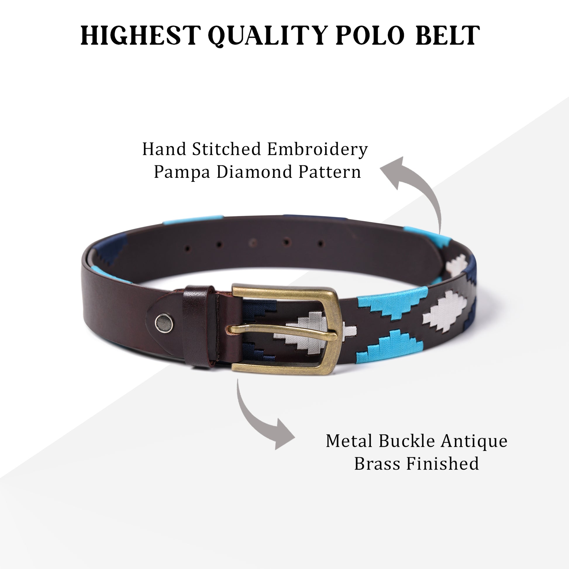 Cedarlof Polo Leather Belt with Blue & White Pampa Diamond Embroidery - Cedarlof
