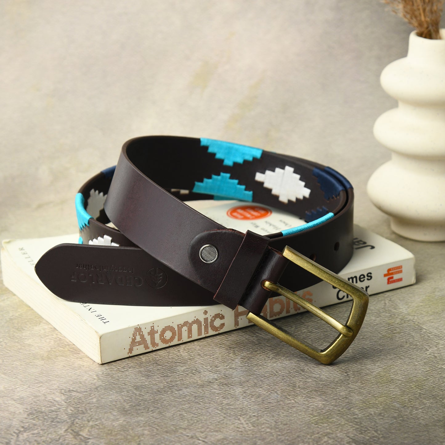 Cedarlof Polo Leather Belt with Blue & White Pampa Diamond Embroidery - Cedarlof