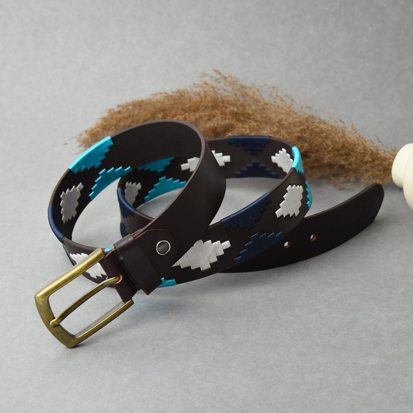 Cedarlof Polo Leather Belt with Blue & White Pampa Diamond Embroidery - Cedarlof