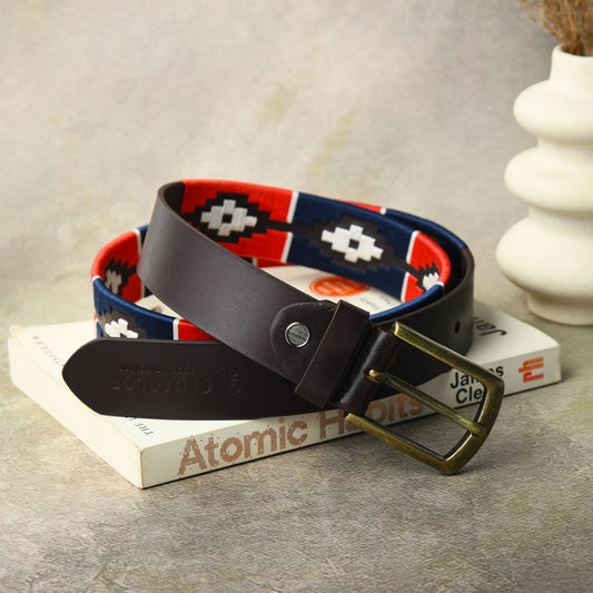 Cedarlof Polo Leather Belt  with Red Blue White Pampa Embroidery - Cedarlof