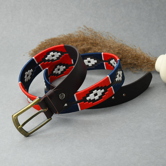 Cedarlof Polo Leather Belt  with Red Blue White Pampa Embroidery - Cedarlof