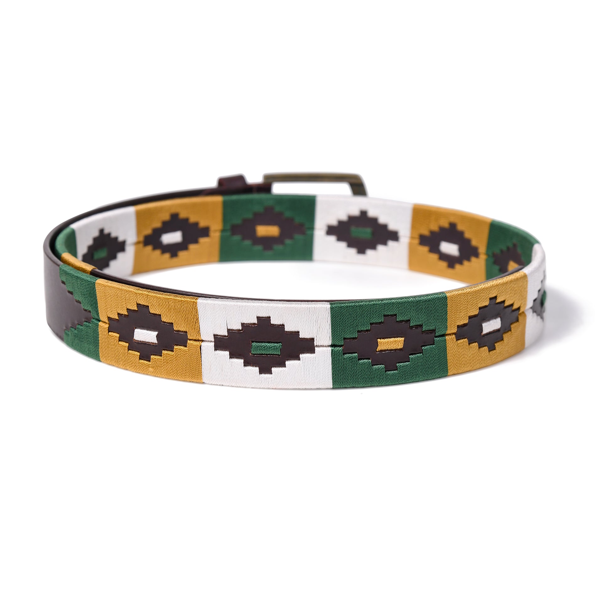 Cedarlof Polo Leather Belt  with Green White Yellow Pampa Embroidery - Cedarlof