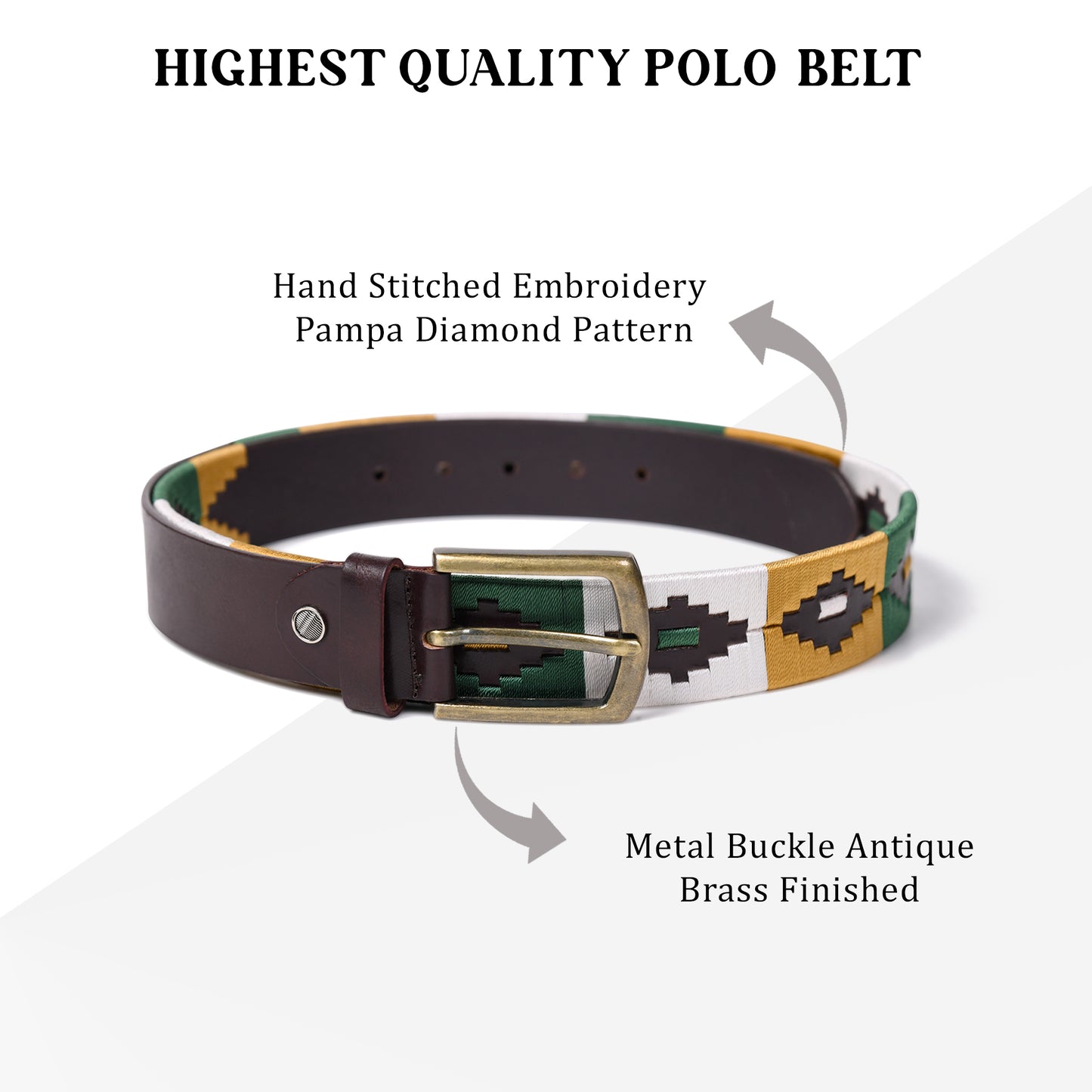 Cedarlof Polo Leather Belt  with Green White Yellow Pampa Embroidery - Cedarlof