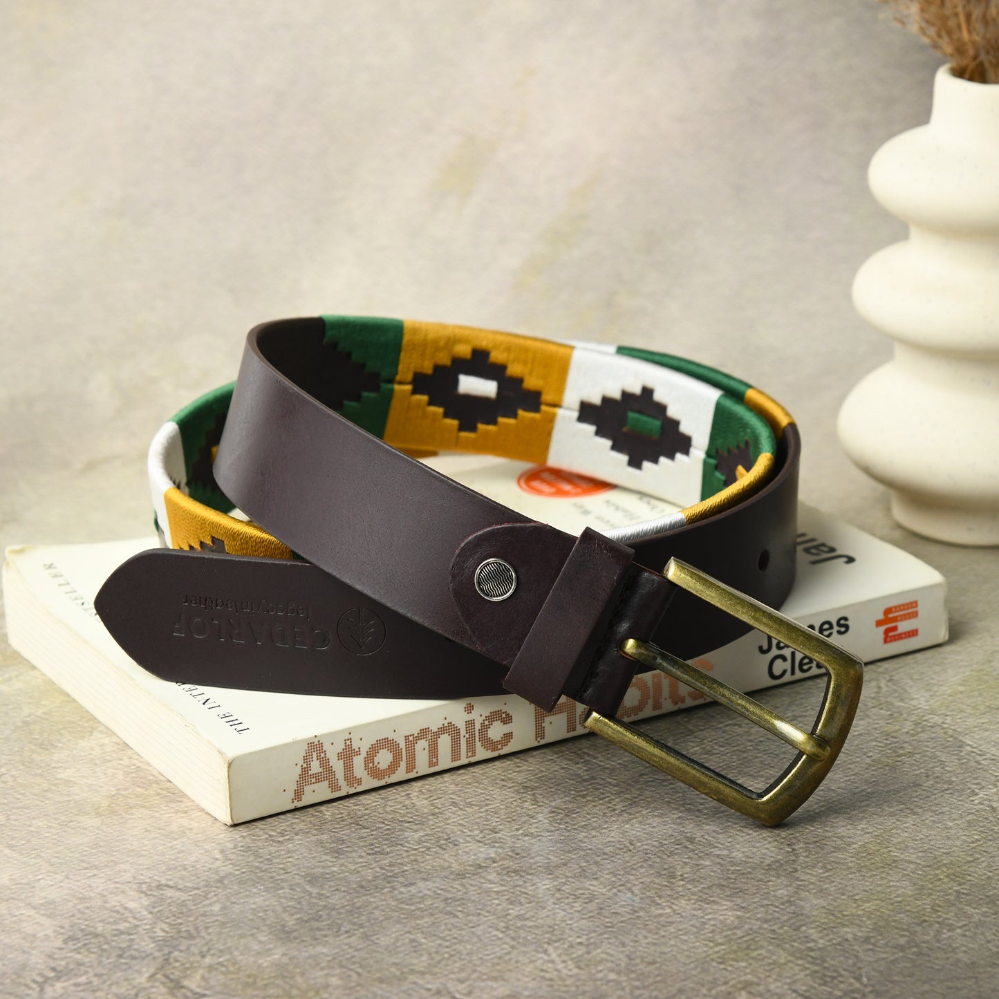 Cedarlof Polo Leather Belt  with Green White Yellow Pampa Embroidery - Cedarlof