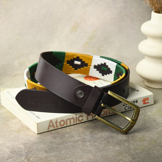 Cedarlof Polo Leather Belt  with Green White Yellow Pampa Embroidery - Cedarlof