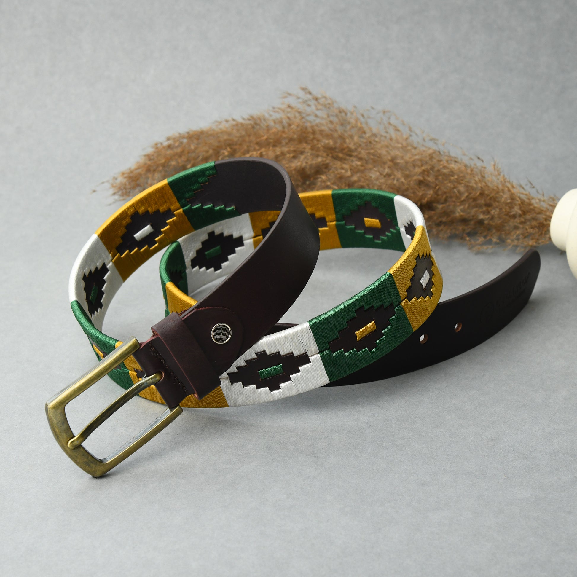 Cedarlof Polo Leather Belt  with Green White Yellow Pampa Embroidery - Cedarlof