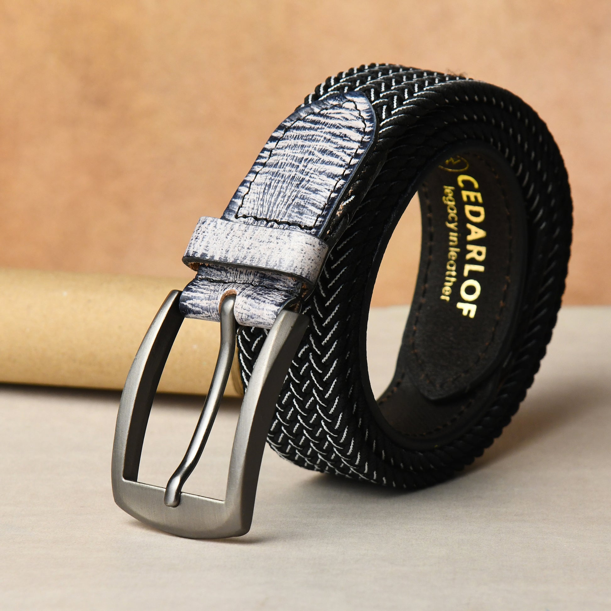 Cedarlof Unisex Woven Elastic Belt with Leather Trim - Cedarlof