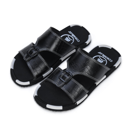 CedarLof Men’s Croc Texture Dual Strap Slides – Premium Black