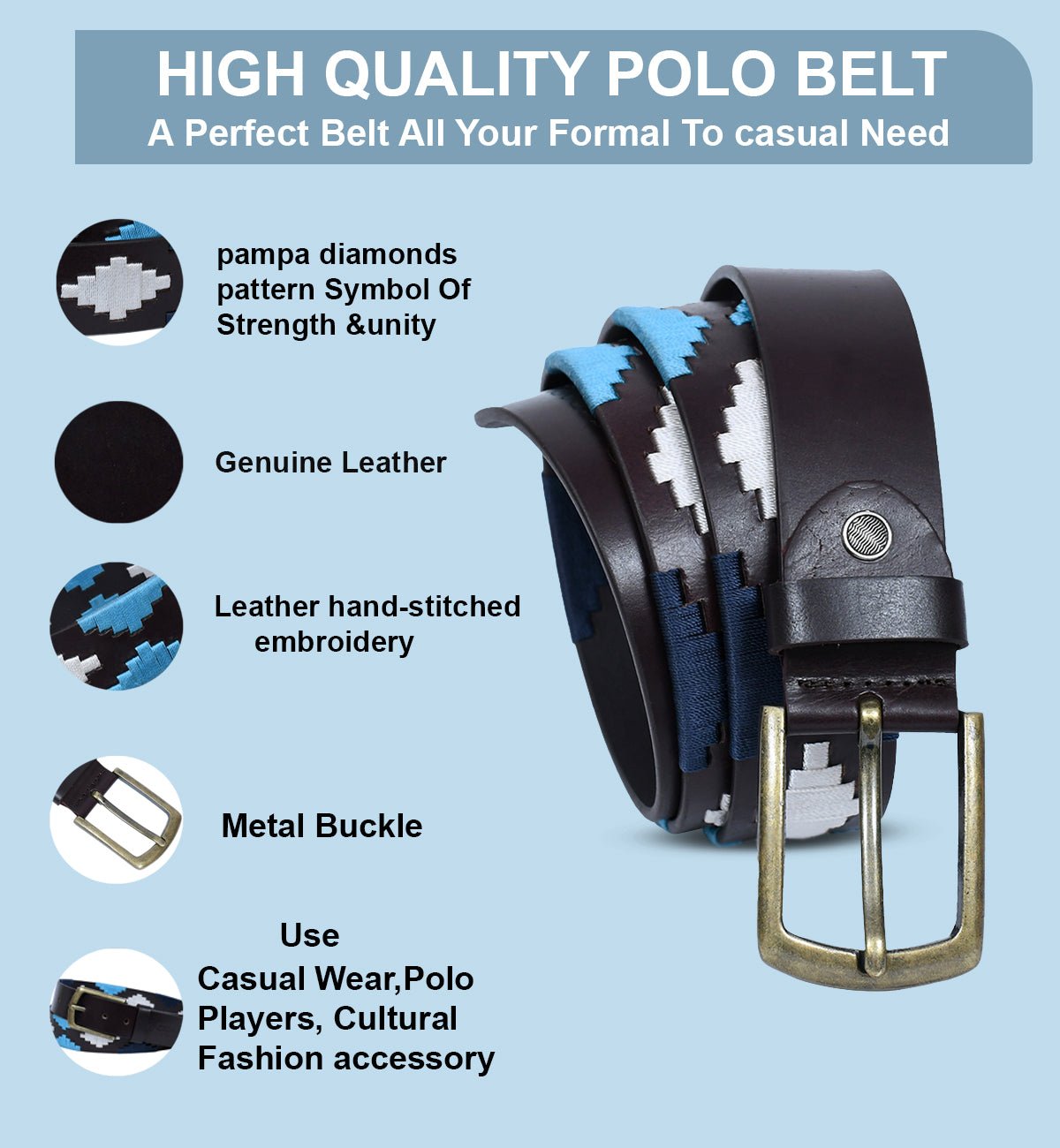 Cedarlof Polo Leather Belt for Men – Brown Genuine Leather with Blue & White Pampa Diamond Embroidery & Antique Brass Buckle - CedarlofCedarlof