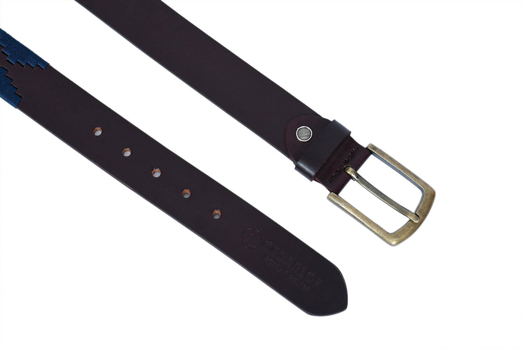 Cedarlof Polo Leather Belt for Men – Brown Genuine Leather with Blue & White Pampa Diamond Embroidery & Antique Brass Buckle - CedarlofCedarlof
