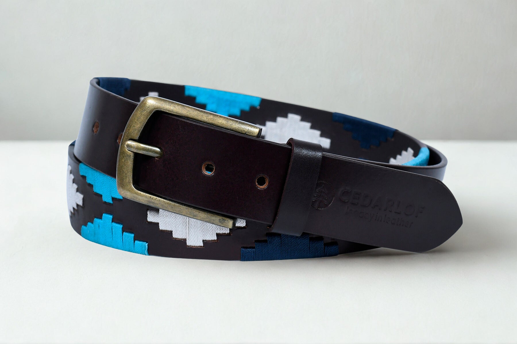 Cedarlof Polo Leather Belt for Men – Brown Genuine Leather with Blue & White Pampa Diamond Embroidery & Antique Brass Buckle - CedarlofCedarlof
