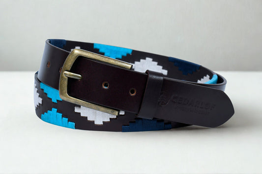 Cedarlof Polo Leather Belt for Men – Brown Genuine Leather with Blue & White Pampa Diamond Embroidery & Antique Brass Buckle - CedarlofCedarlof