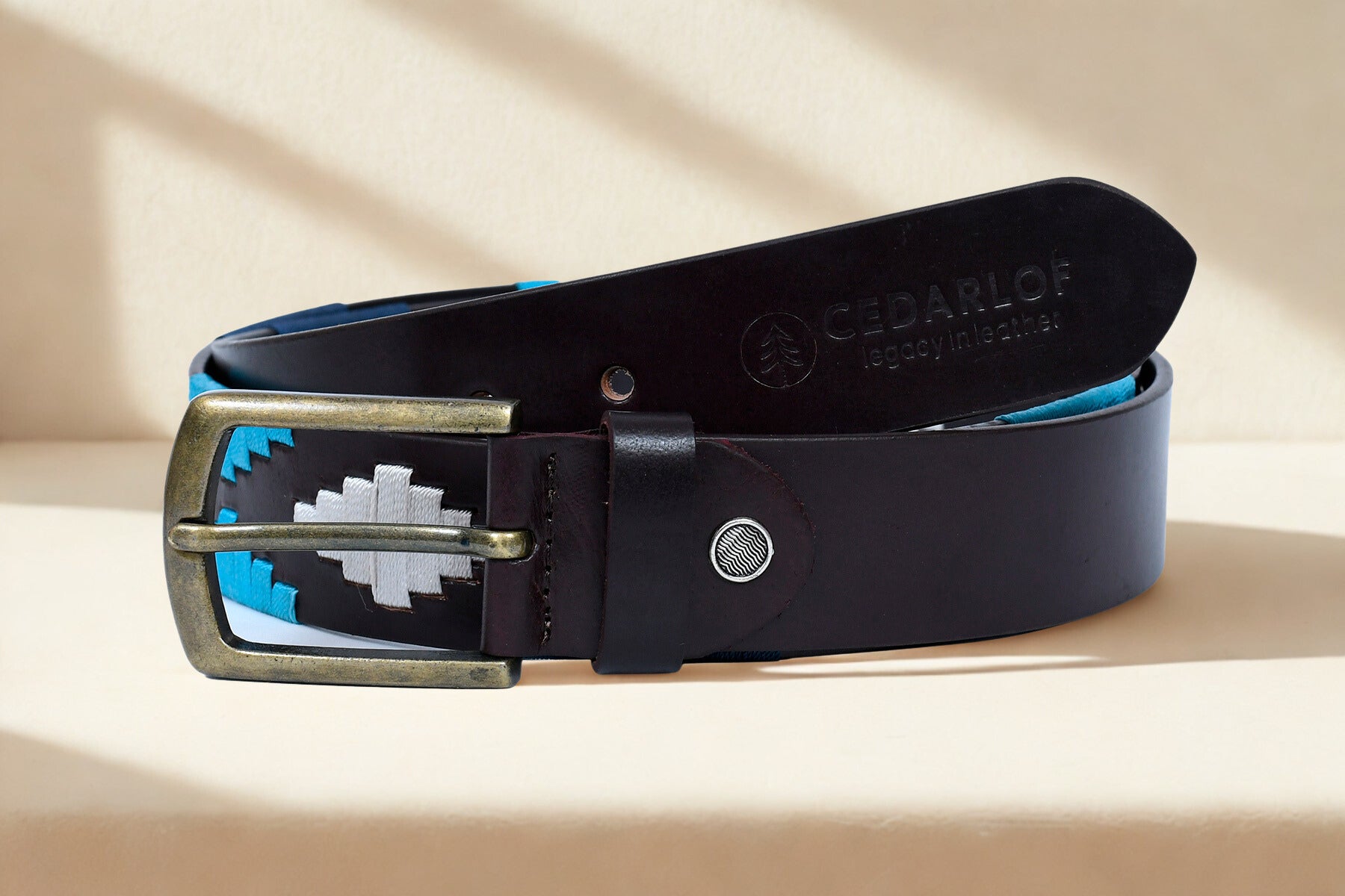 Cedarlof Polo Leather Belt for Men – Brown Genuine Leather with Blue & White Pampa Diamond Embroidery & Antique Brass Buckle - CedarlofCedarlof