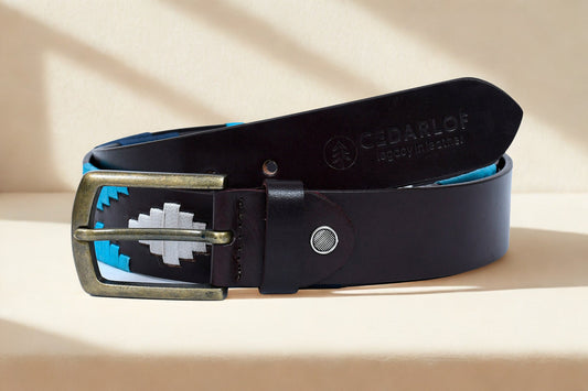 Cedarlof Polo Leather Belt for Men – Brown Genuine Leather with Blue & White Pampa Diamond Embroidery & Antique Brass Buckle - CedarlofCedarlof