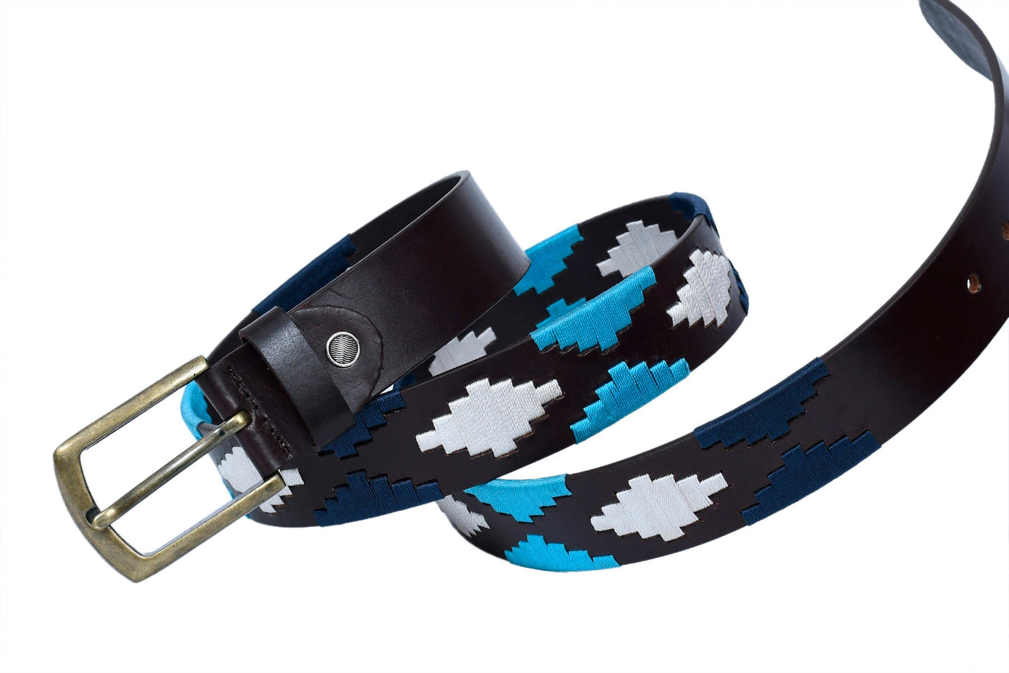 Cedarlof Polo Leather Belt for Men – Brown Genuine Leather with Blue & White Pampa Diamond Embroidery & Antique Brass Buckle - CedarlofCedarlof