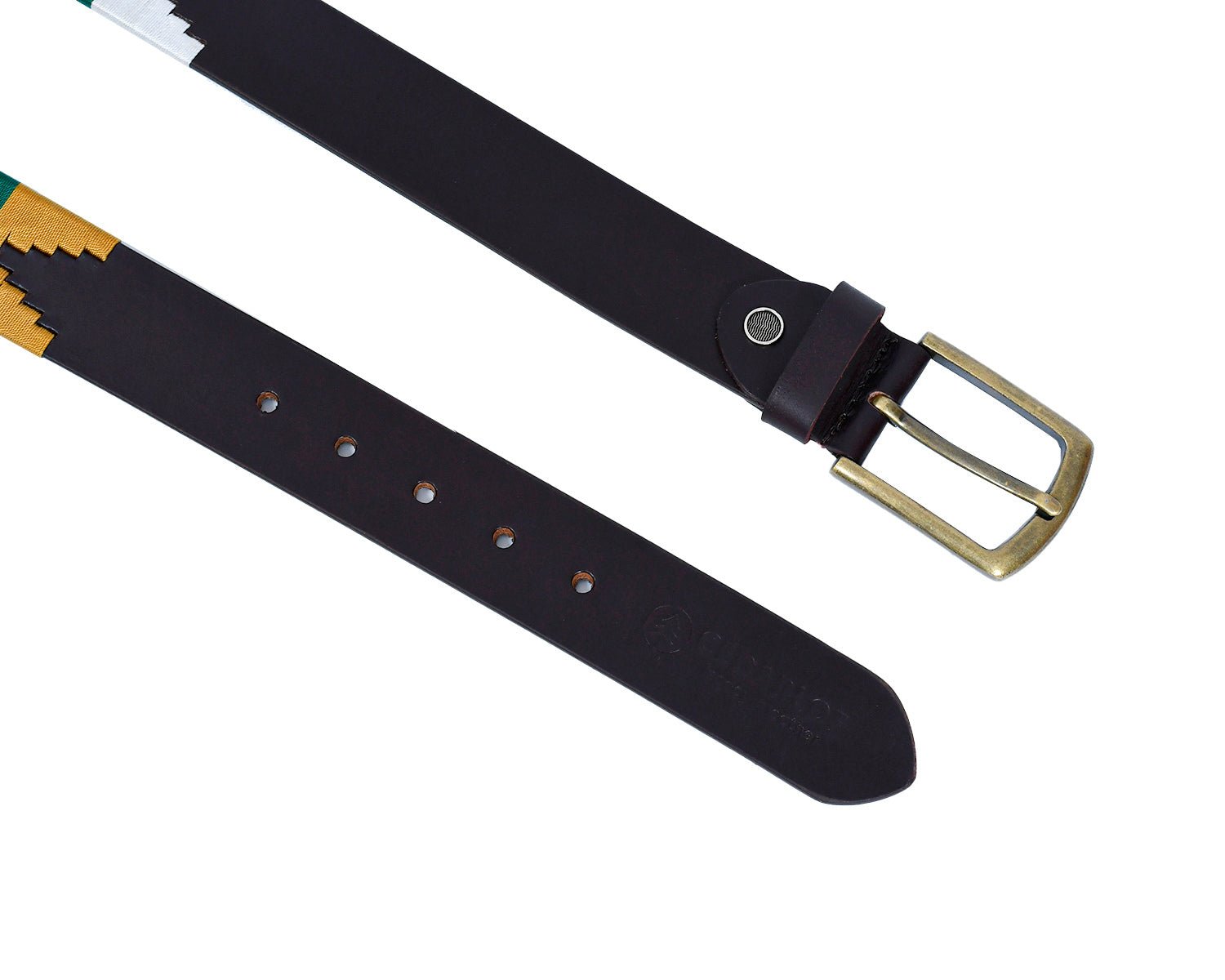 Cedarlof Polo Leather Belt for Men – Brown Genuine Leather with Green White Yellow Pampa Embroidery & Antique Brass Finish Buckle - CedarlofCedarlof