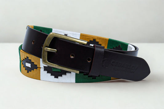 Cedarlof Polo Leather Belt for Men – Brown Genuine Leather with Green White Yellow Pampa Embroidery & Antique Brass Finish Buckle - CedarlofCedarlof