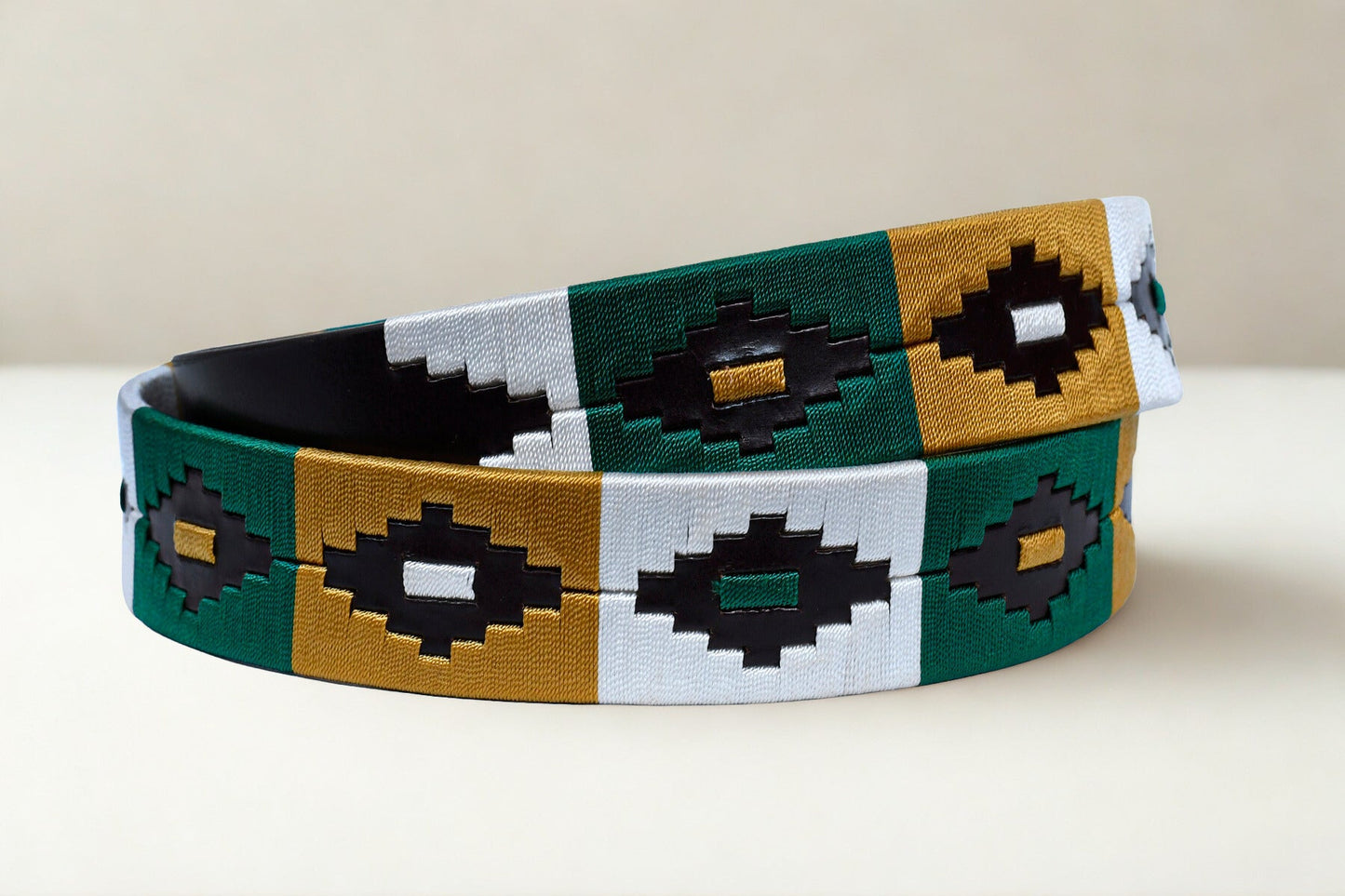 Cedarlof Polo Leather Belt for Men – Brown Genuine Leather with Green White Yellow Pampa Embroidery & Antique Brass Finish Buckle - CedarlofCedarlof