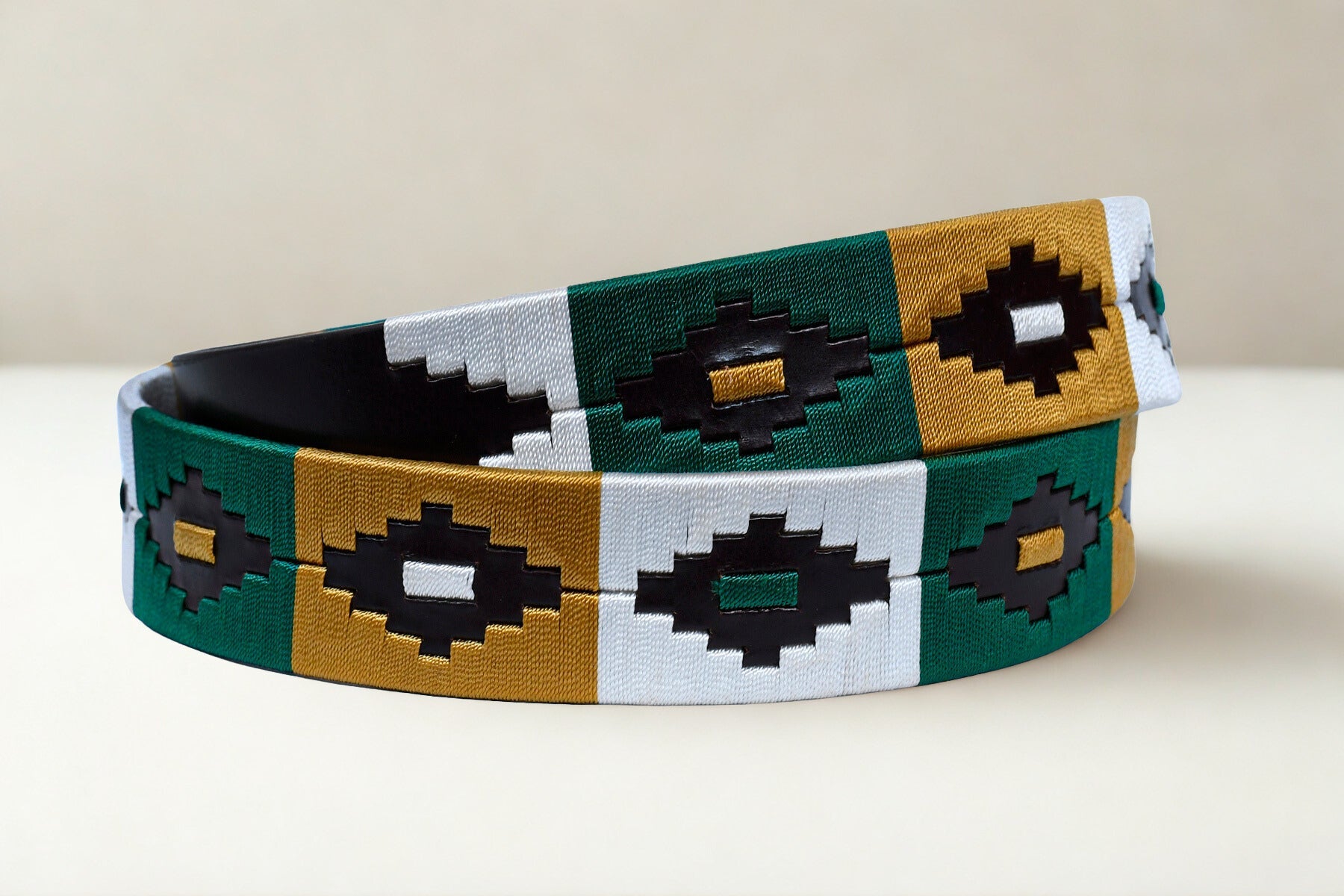 Cedarlof Polo Leather Belt for Men – Brown Genuine Leather with Green White Yellow Pampa Embroidery & Antique Brass Finish Buckle - CedarlofCedarlof