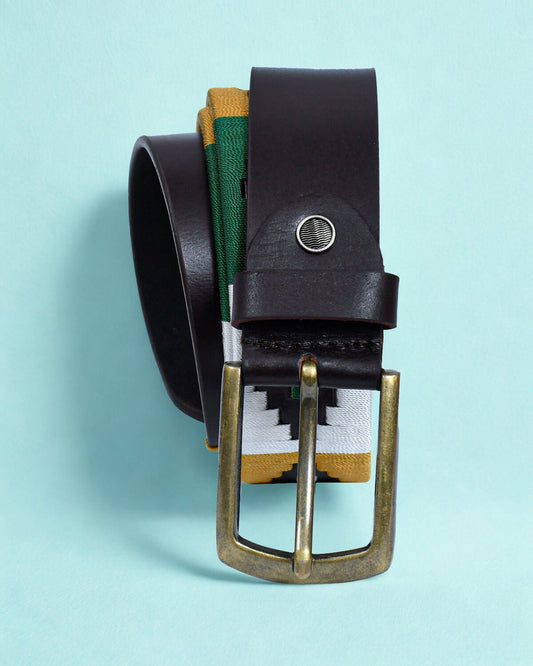 Cedarlof Polo Leather Belt for Men – Brown Genuine Leather with Green White Yellow Pampa Embroidery & Antique Brass Finish Buckle - CedarlofCedarlof
