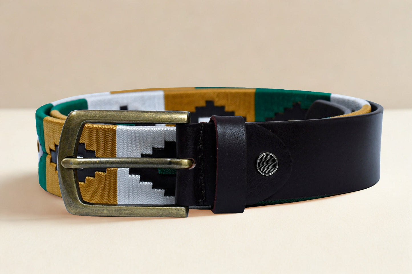 Cedarlof Polo Leather Belt for Men – Brown Genuine Leather with Green White Yellow Pampa Embroidery & Antique Brass Finish Buckle - CedarlofCedarlof