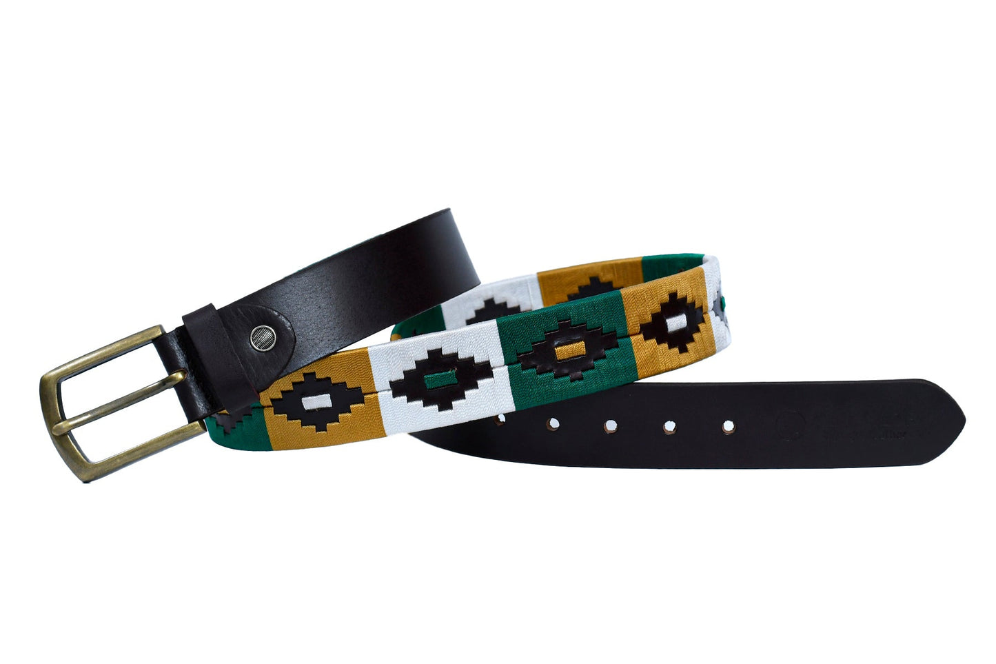 Cedarlof Polo Leather Belt for Men – Brown Genuine Leather with Green White Yellow Pampa Embroidery & Antique Brass Finish Buckle - CedarlofCedarlof