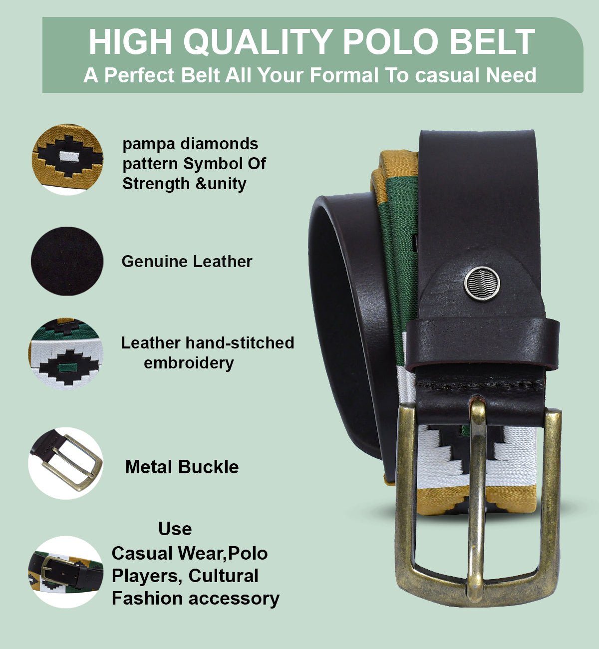 Cedarlof Polo Leather Belt for Men – Brown Genuine Leather with Green White Yellow Pampa Embroidery & Antique Brass Finish Buckle - CedarlofCedarlof