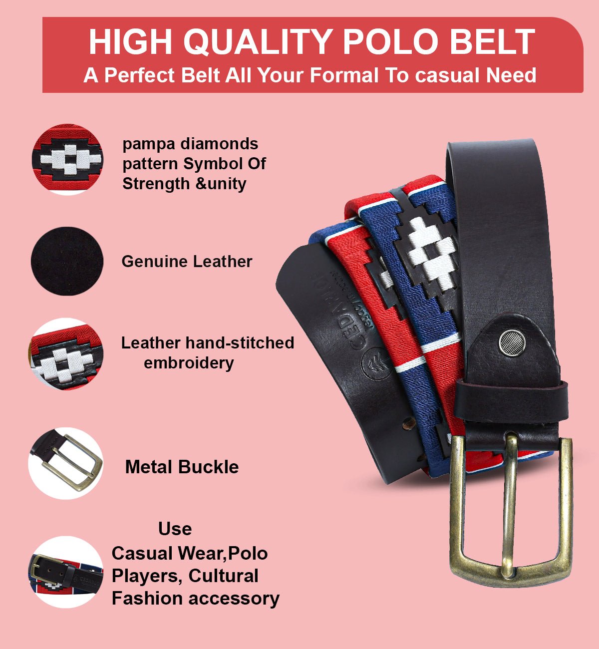 Cedarlof Polo Leather Belt for Men – Brown Genuine Leather with Red Blue White Pampa Embroidery & Antique Brass Finish Buckle - CedarlofCedarlof