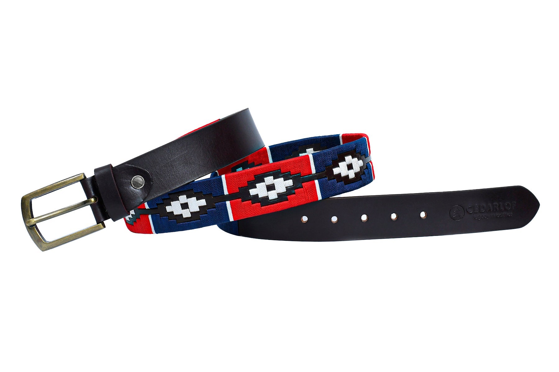 Cedarlof Polo Leather Belt for Men – Brown Genuine Leather with Red Blue White Pampa Embroidery & Antique Brass Finish Buckle - CedarlofCedarlof