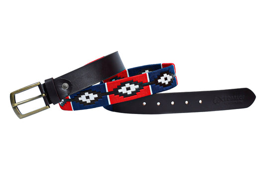 Cedarlof Polo Leather Belt for Men – Brown Genuine Leather with Red Blue White Pampa Embroidery & Antique Brass Finish Buckle - CedarlofCedarlof