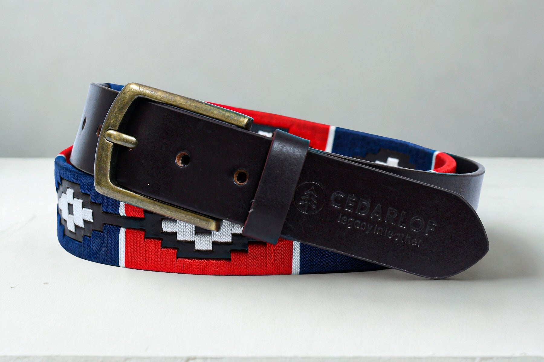 Cedarlof Polo Leather Belt for Men – Brown Genuine Leather with Red Blue White Pampa Embroidery & Antique Brass Finish Buckle - CedarlofCedarlof
