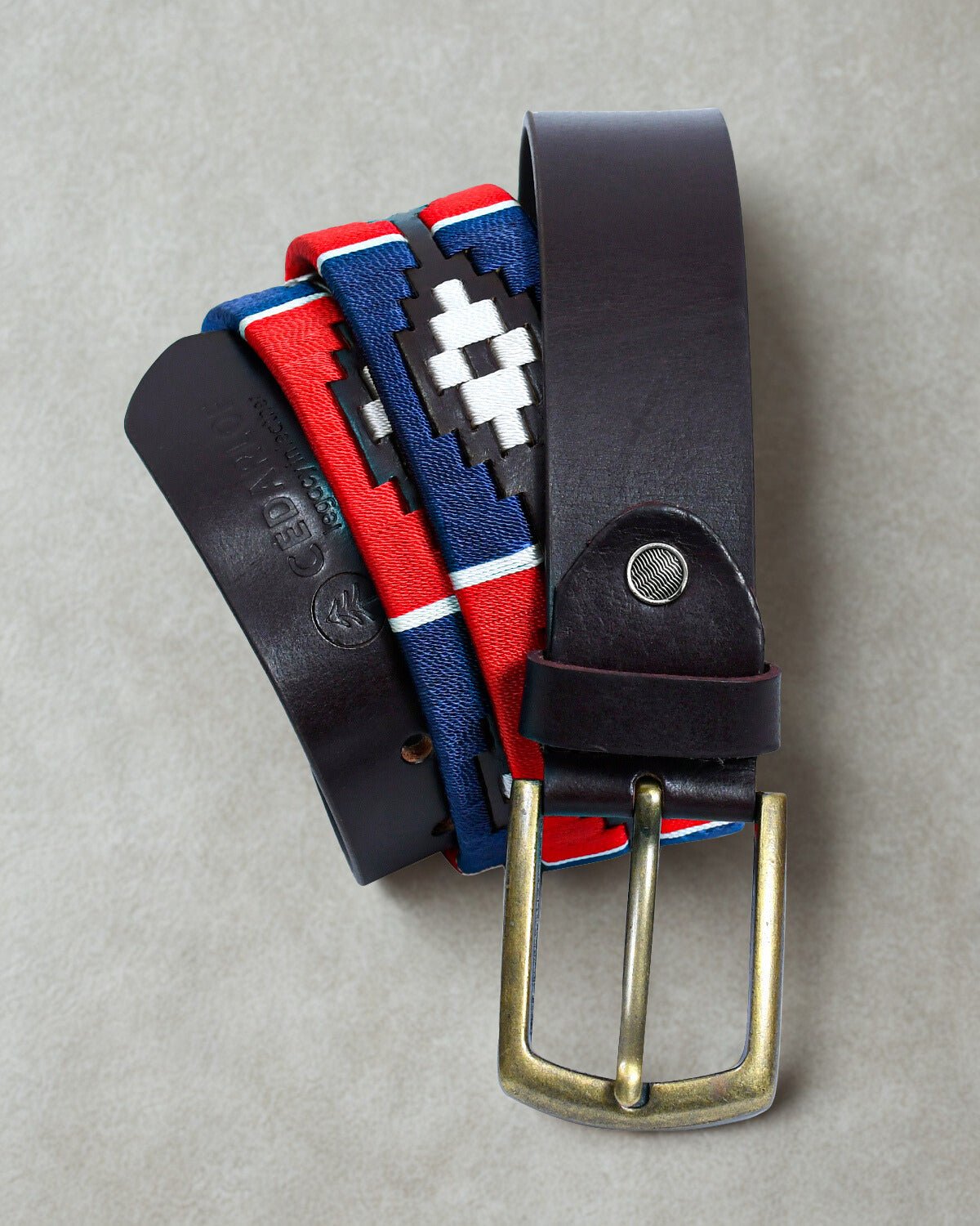 Cedarlof Polo Leather Belt for Men – Brown Genuine Leather with Red Blue White Pampa Embroidery & Antique Brass Finish Buckle - CedarlofCedarlof