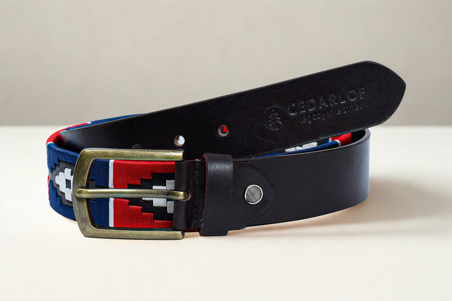 Cedarlof Polo Leather Belt for Men – Brown Genuine Leather with Red Blue White Pampa Embroidery & Antique Brass Finish Buckle - CedarlofCedarlof