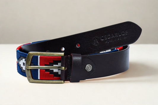 Cedarlof Polo Leather Belt for Men – Brown Genuine Leather with Red Blue White Pampa Embroidery & Antique Brass Finish Buckle - CedarlofCedarlof