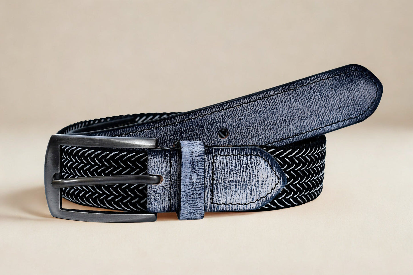 Cedarlof Premium Woven Elastic Belt for Men – Black & Grey Chevron with Genuine Leather Trim and Metal Buckle | Casual & Golf Style - CedarlofCedarlof
