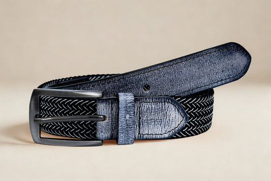 Cedarlof Premium Woven Elastic Belt for Men – Black & Grey Chevron with Genuine Leather Trim and Metal Buckle | Casual & Golf Style - CedarlofCedarlof