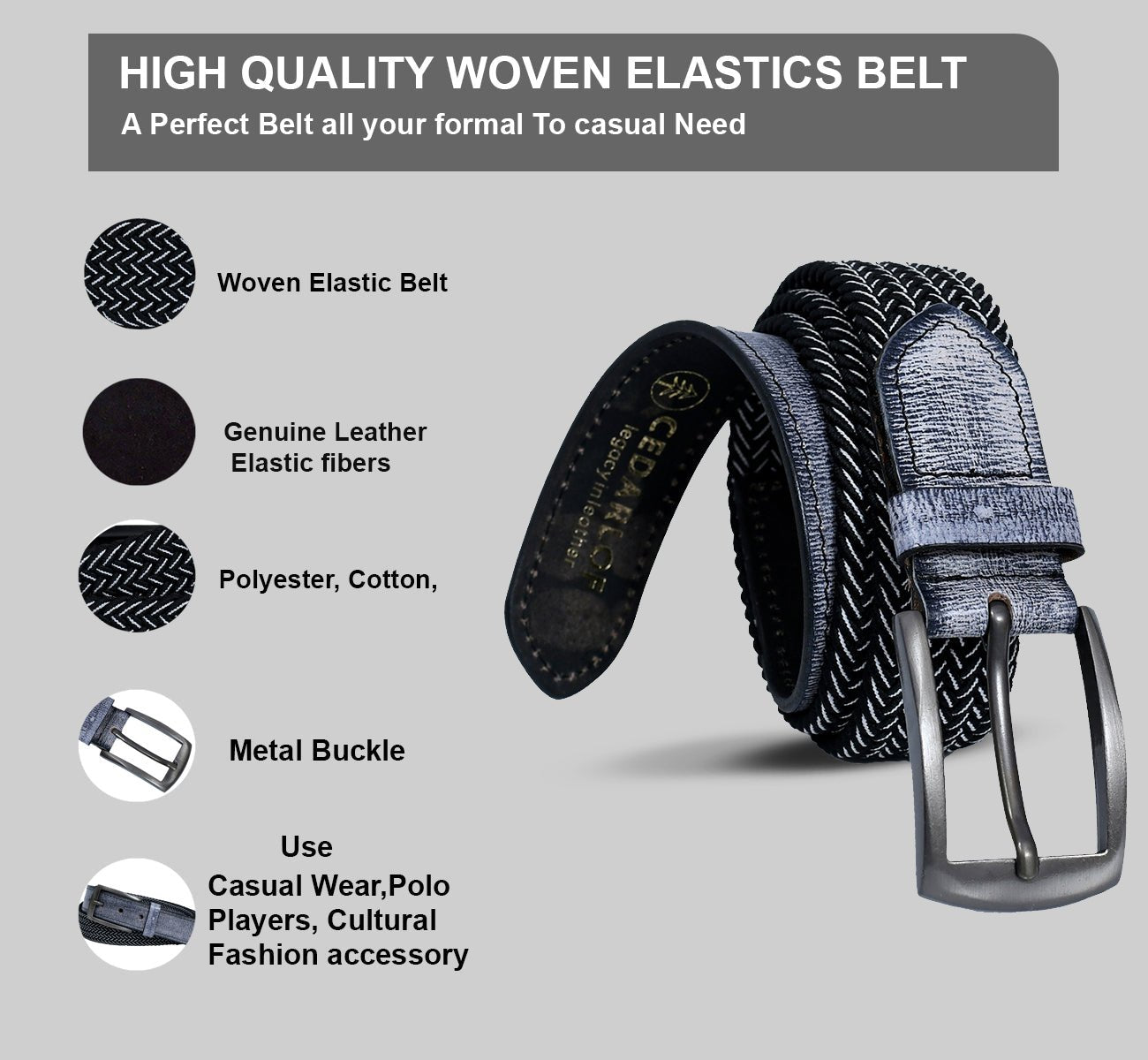 Cedarlof Premium Woven Elastic Belt for Men – Black & Grey Chevron with Genuine Leather Trim and Metal Buckle | Casual & Golf Style - CedarlofCedarlof
