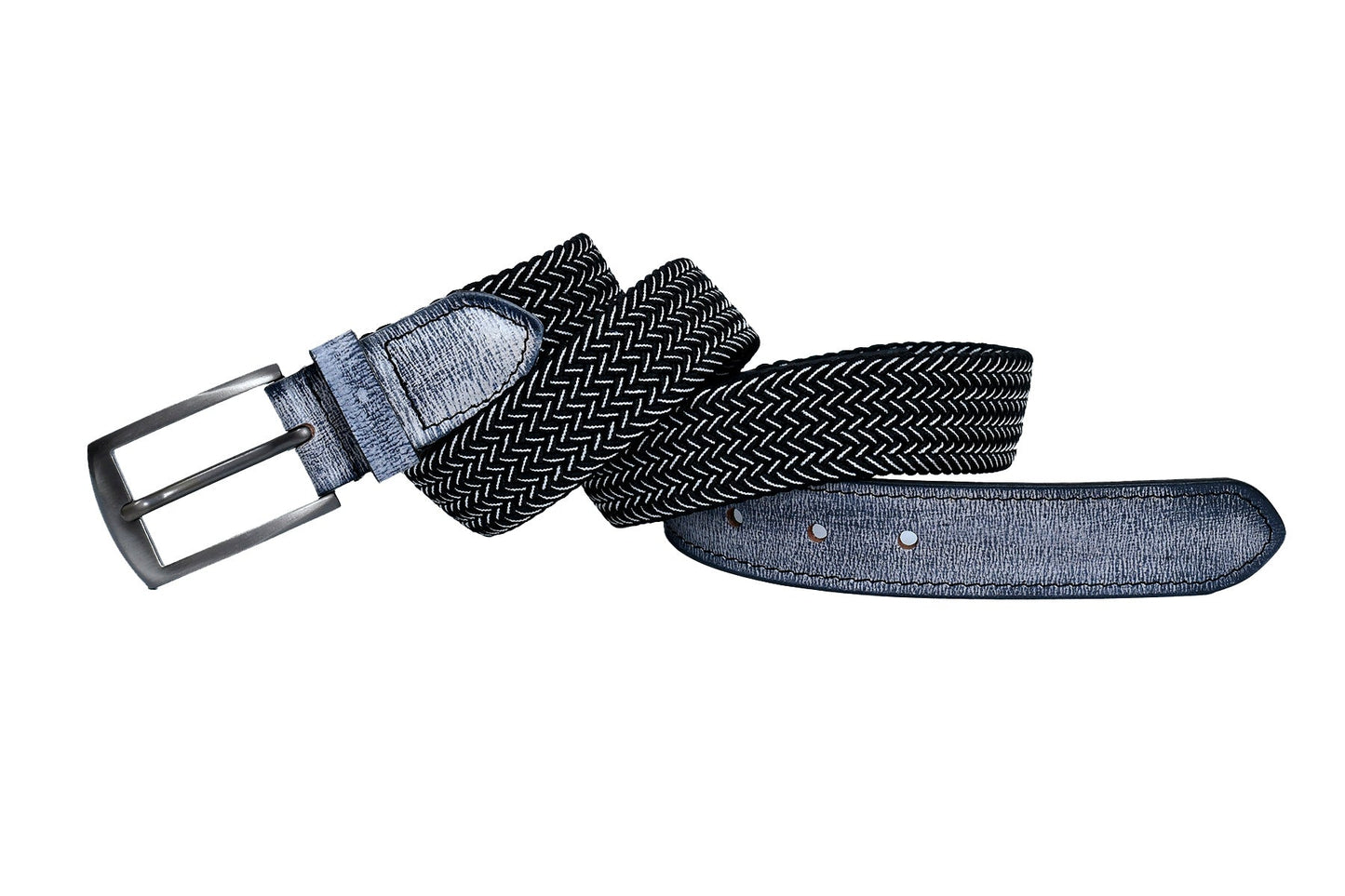 Cedarlof Premium Woven Elastic Belt for Men – Black & Grey Chevron with Genuine Leather Trim and Metal Buckle | Casual & Golf Style - CedarlofCedarlof